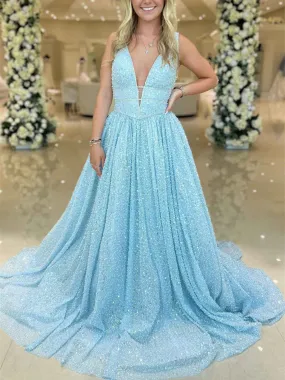 A Line V Neck Light Blue Sequins Long Prom Dresses,  Light Blue Sequins Long Formal Graduation Evening Dresses