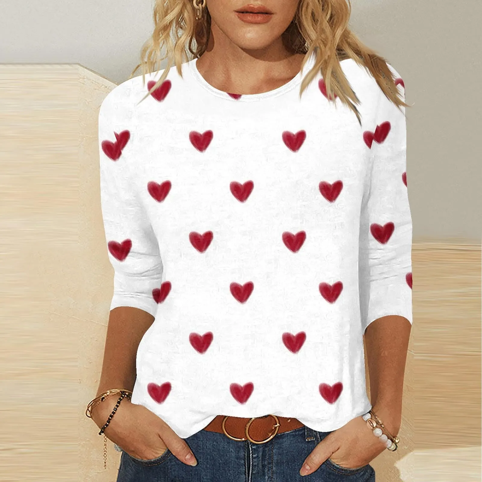 Amazon haul Sale Clearance Valentines Shirts for Women Trendy 2025 Cute Love Heart Print Tunic Tops Plus Size Casual Summer 3/4 Sleeve Blouses Womens Valentines Tops M