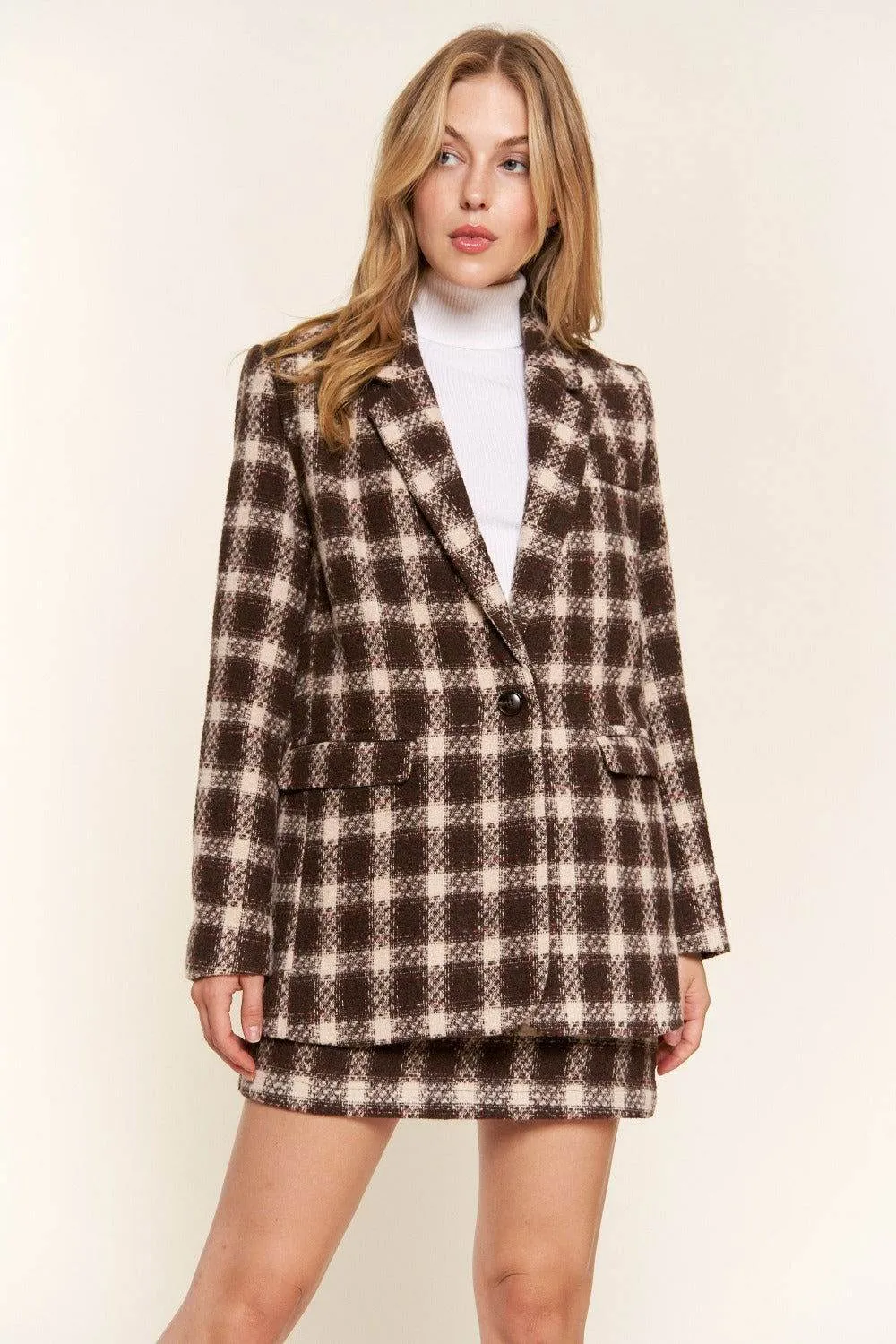 And The Why Women's Plaid Brushed One Button Blazer