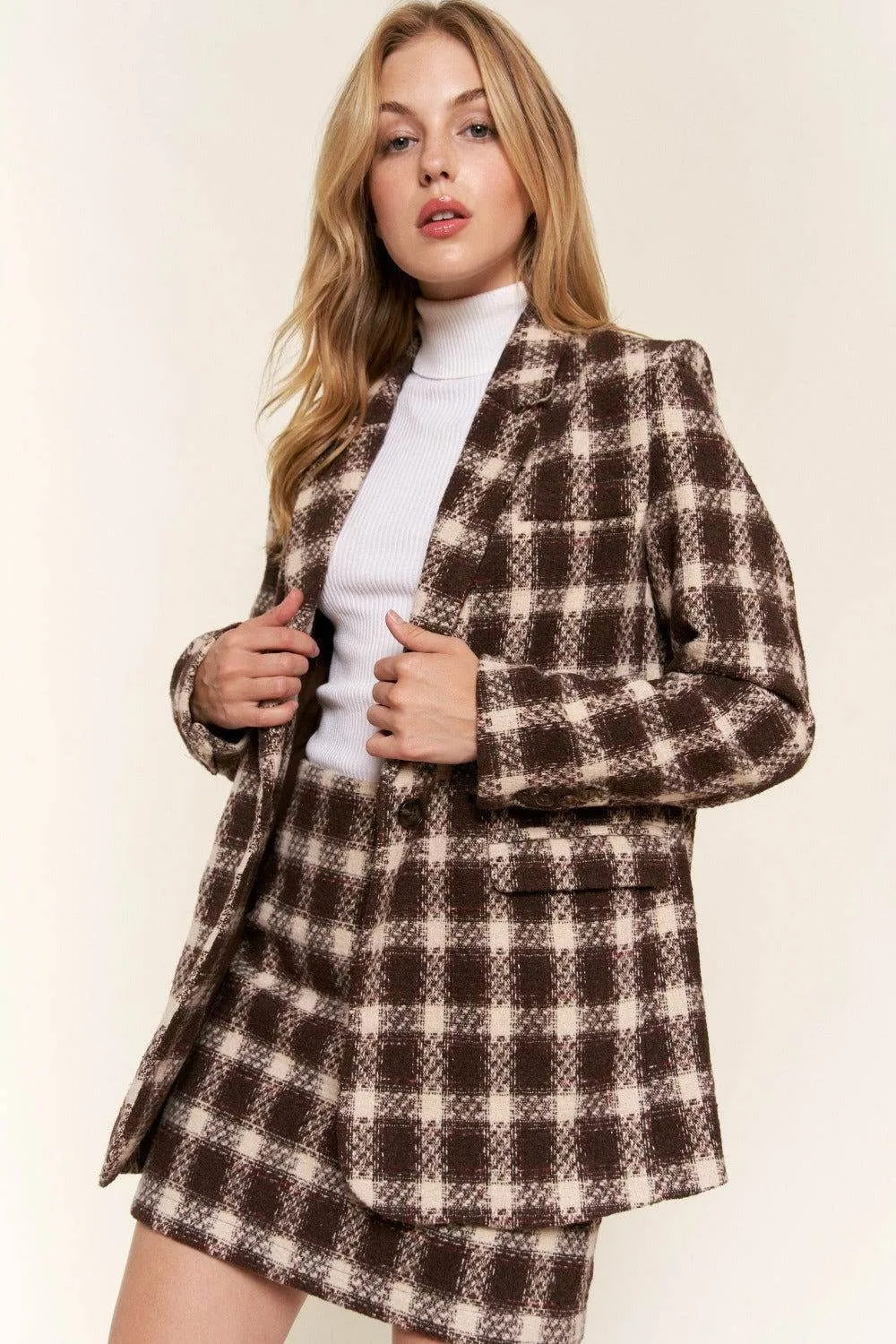 And The Why Women's Plaid Brushed One Button Blazer