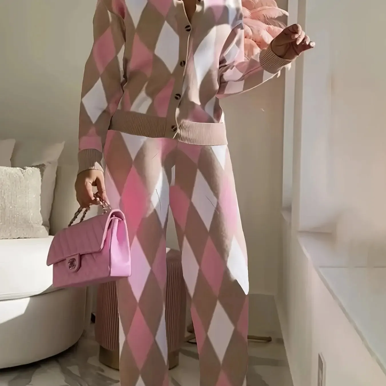 Argyle Pattern Knit Cardigan & Straight Leg Pantsuit