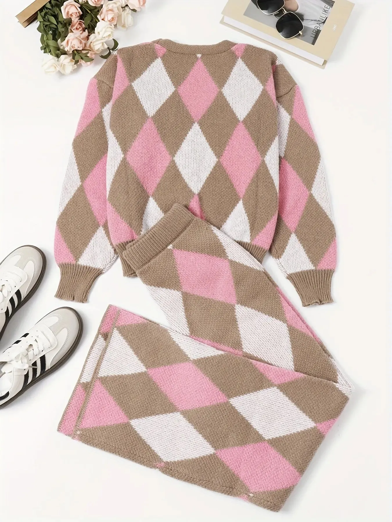 Argyle Pattern Knit Cardigan & Straight Leg Pantsuit