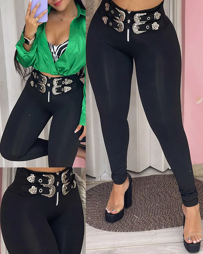 Belted High Waist Skinny Pants Slim Fit Pull On Trousers