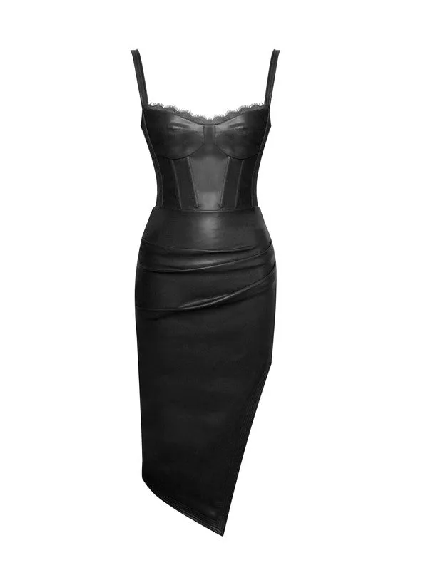 Black Betsy Corset Leather Dress With Lace Detailed