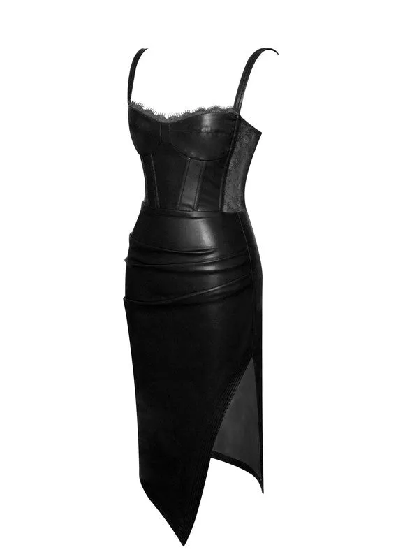 Black Betsy Corset Leather Dress With Lace Detailed