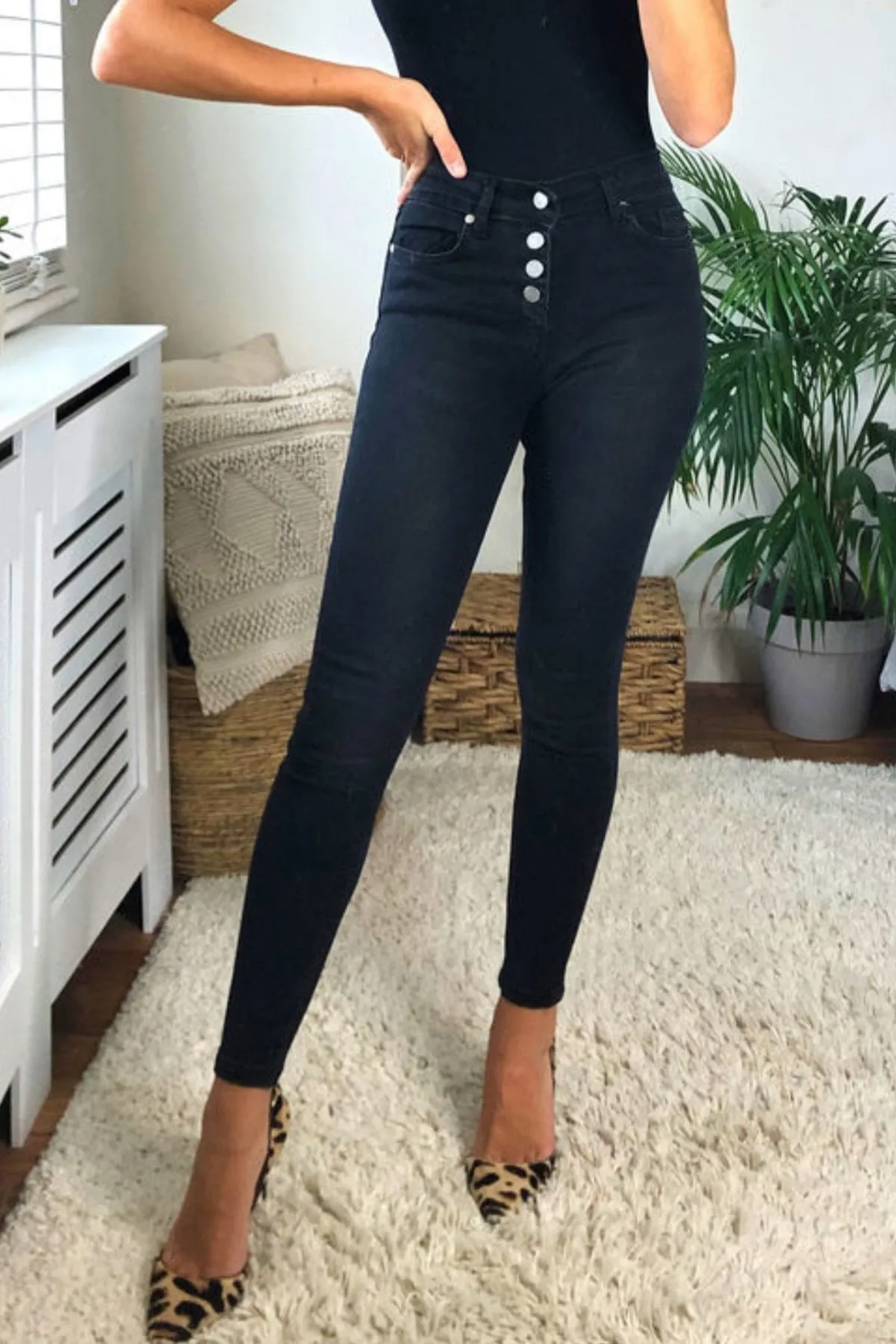 Black High Waist Skinny Buttons Jeans