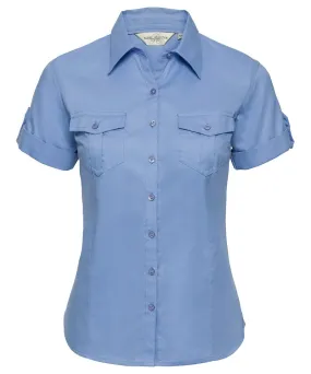 Blue - Women's roll-sleeve short sleeve shirt