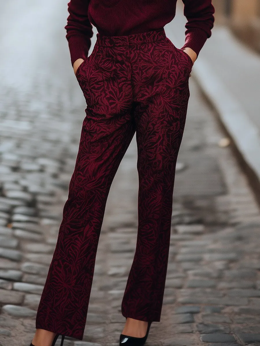 Burgundy Jacquard Pants with Intricate Jacquard Detailing