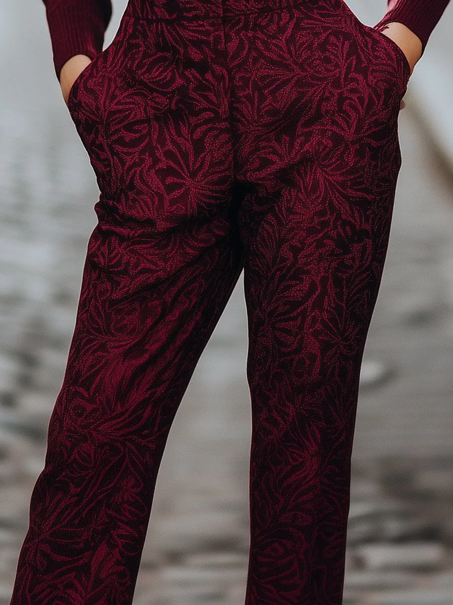 Burgundy Jacquard Pants with Intricate Jacquard Detailing