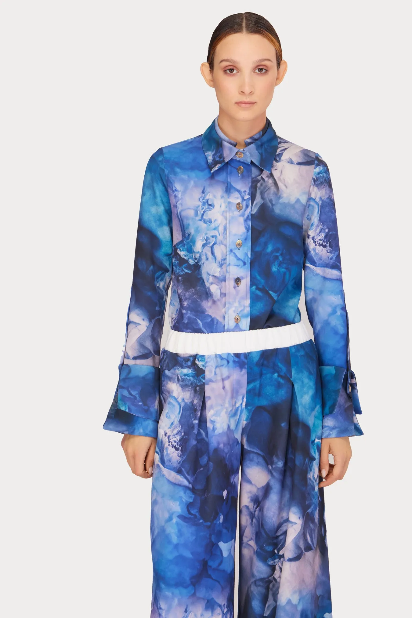 Co-Ord Set - Shirt And Wide-Leg Pants Abstract Print Blue