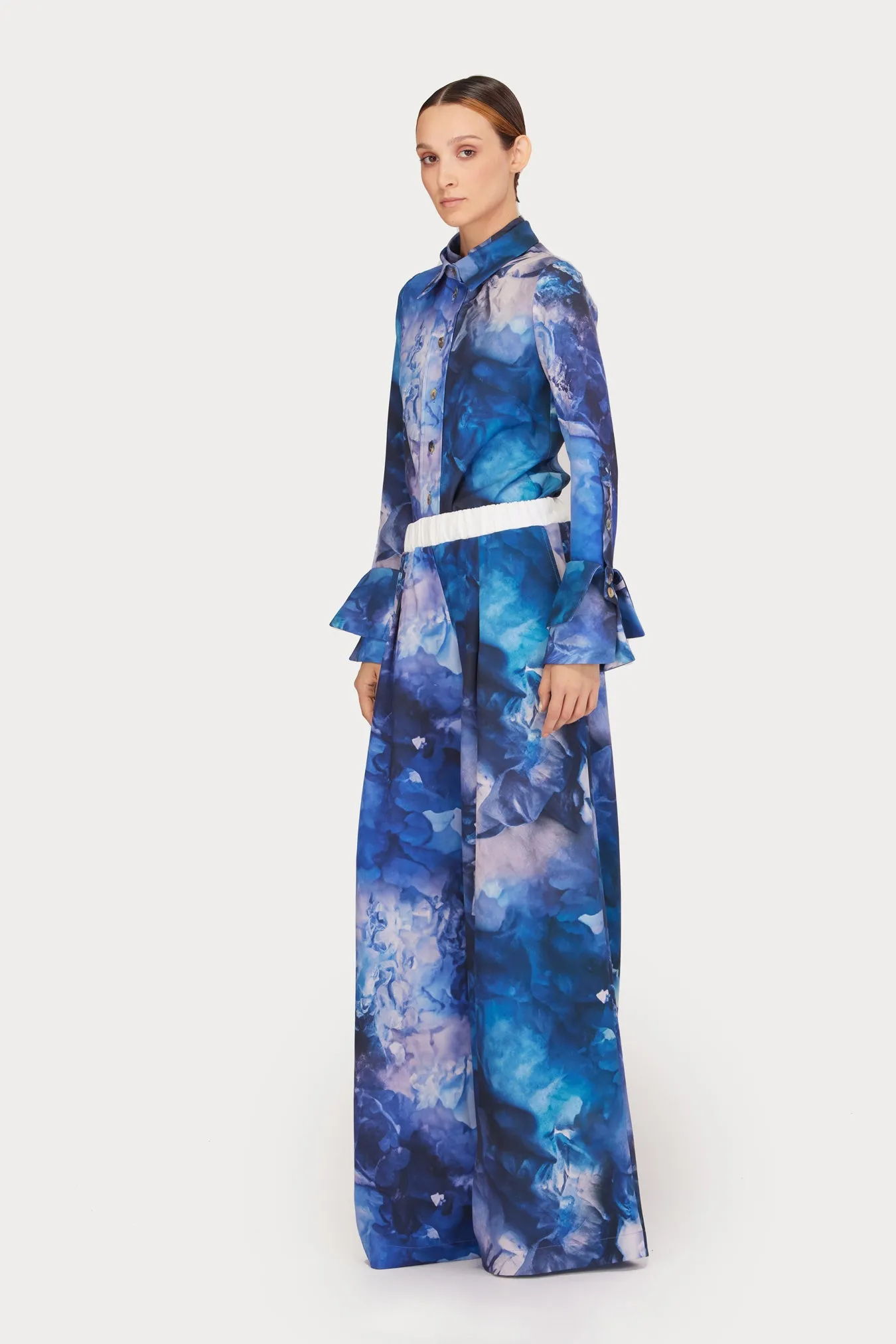 Co-Ord Set - Shirt And Wide-Leg Pants Abstract Print Blue