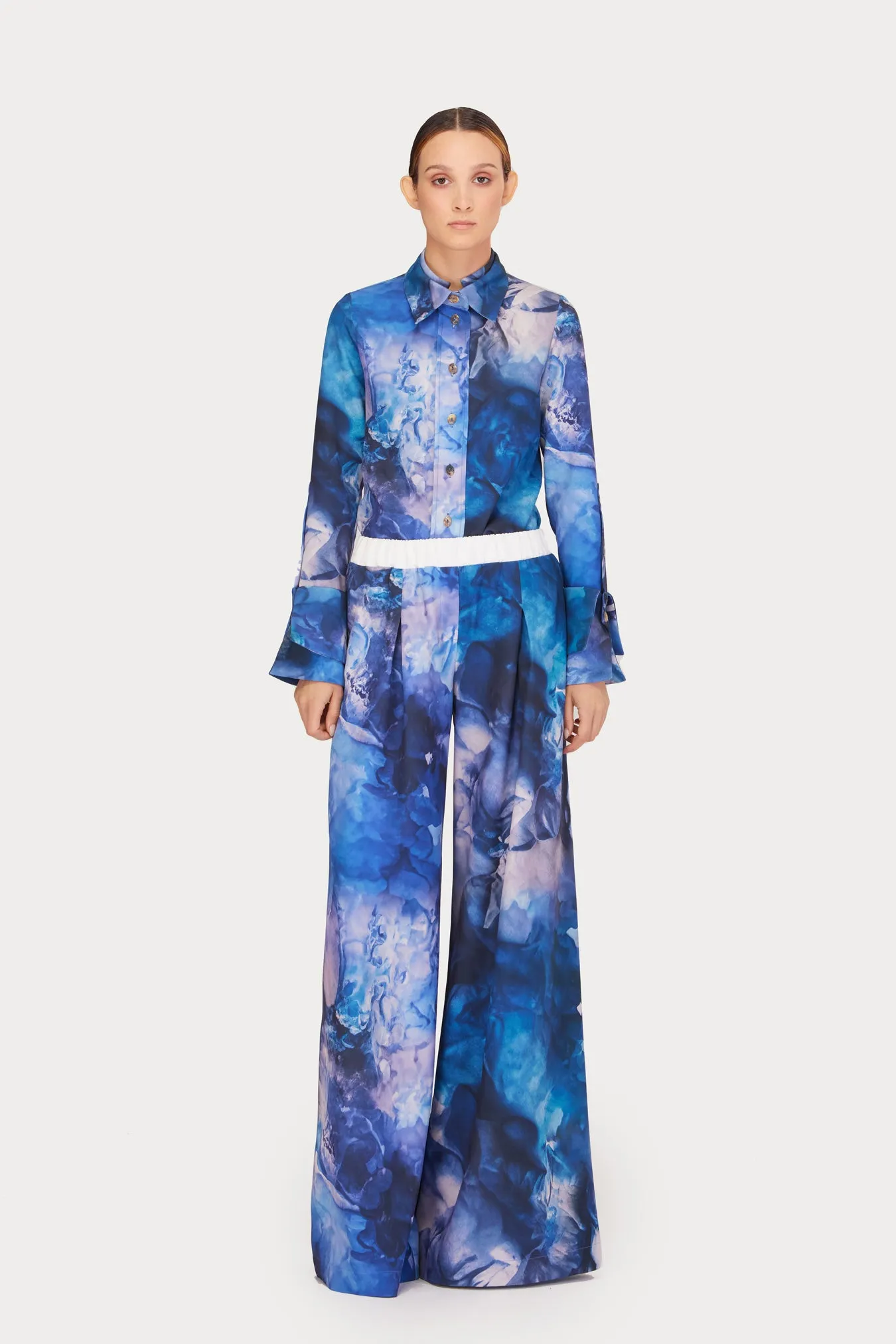 Co-Ord Set - Shirt And Wide-Leg Pants Abstract Print Blue