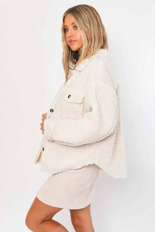 Cream White Cozy Teddy Shacket Jacket