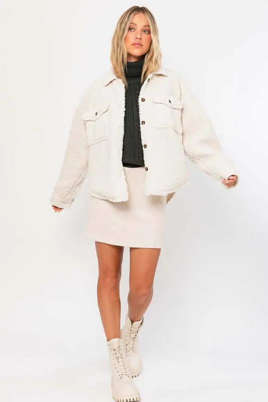 Cream White Cozy Teddy Shacket Jacket