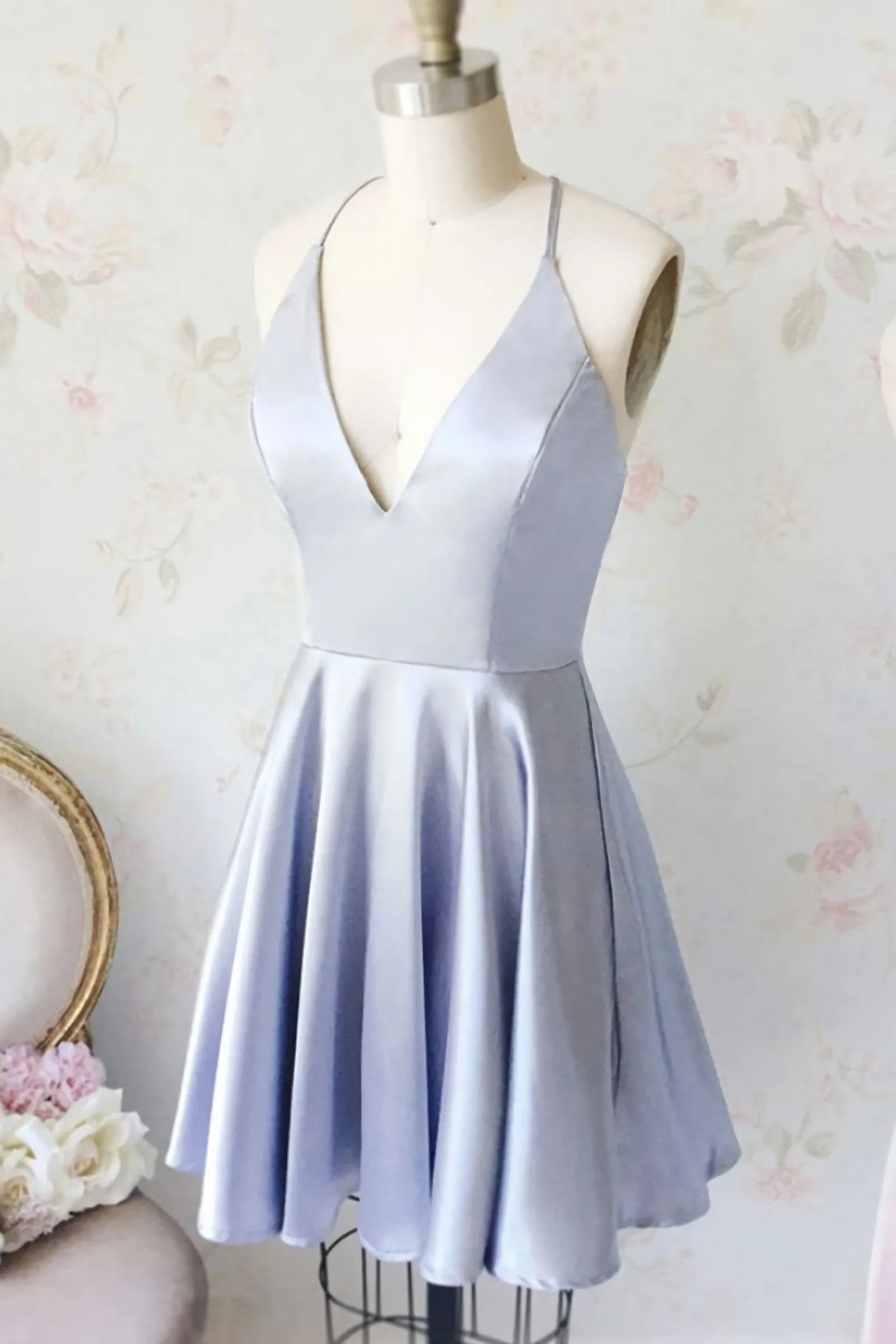 Cute Light Blue V Neck Satin Short Light Blue Homecoming Dresses