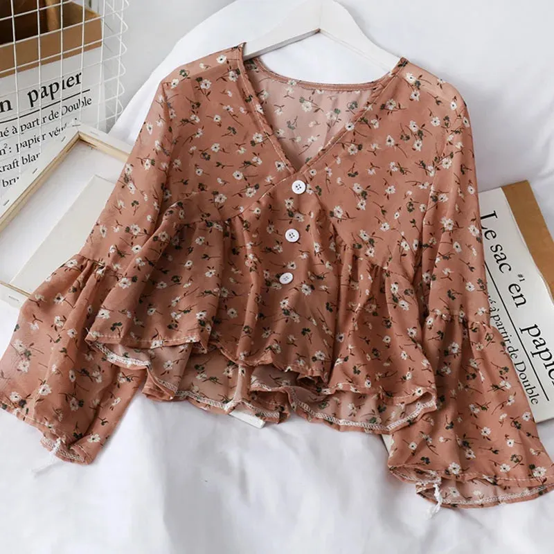 Delicate Floral Print Chiffon Blouse for Women