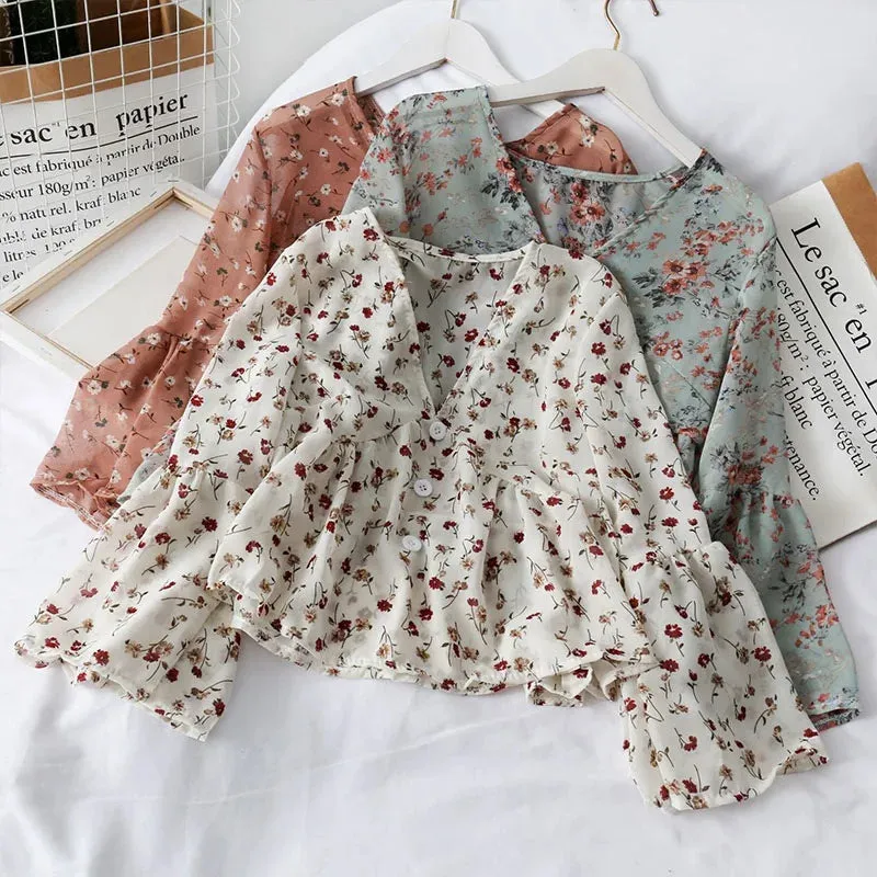 Delicate Floral Print Chiffon Blouse for Women