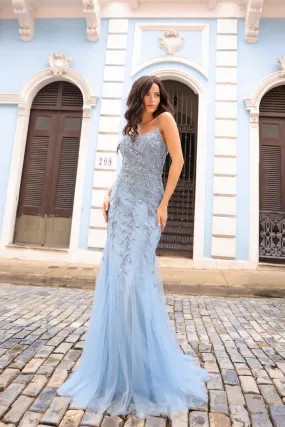 Dusty Blue Tulle Embroidered Evening Gown