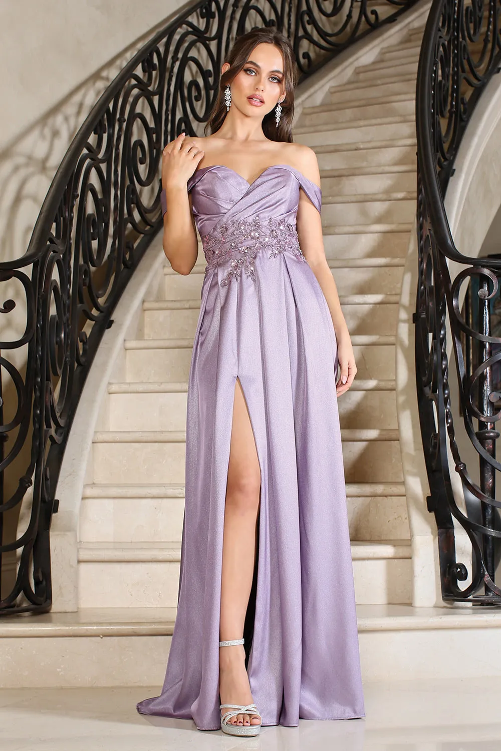 Dusty Lavender Beaded Satin Off Shoulder A-Line Slit Gown