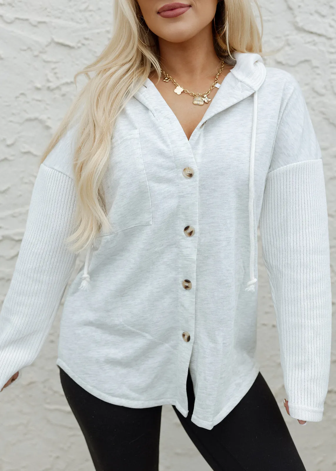 Grey Button & Hoodie Knit Pullover Top