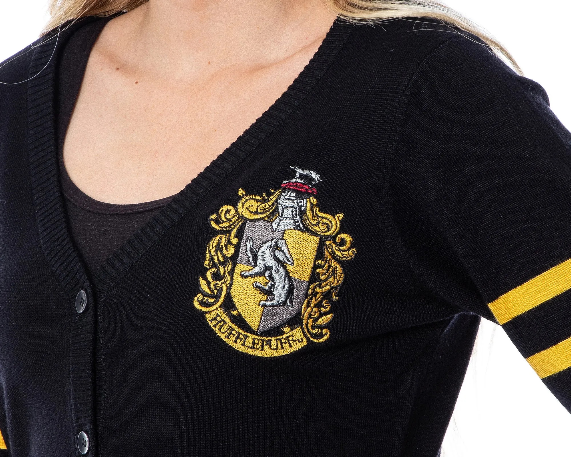 Harry Potter Womens Hufflepuff House Open Front Cardigan Juniors Knit Sweater