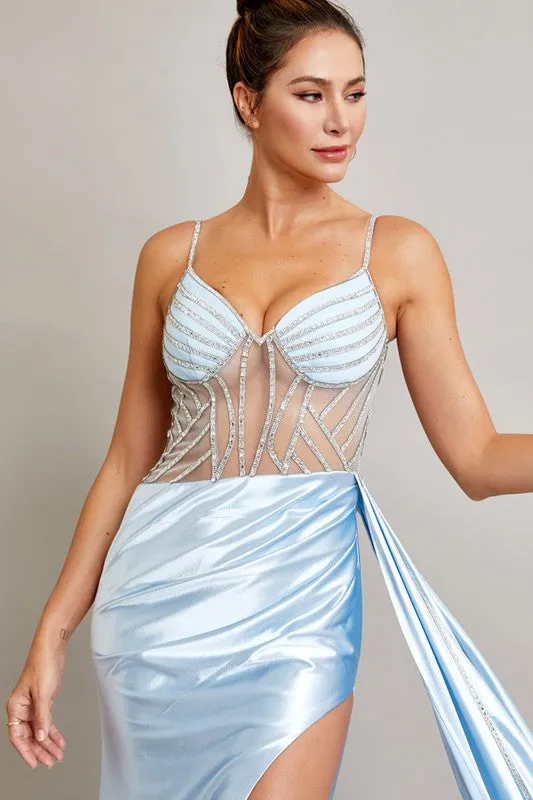 Ice Blue Sleeveless Sweetheart Illusion Top Sheath Dress