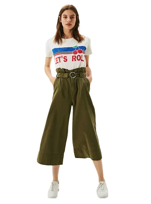 Khaki Wide Leg Pants Casual Ruffles Loose Bottom