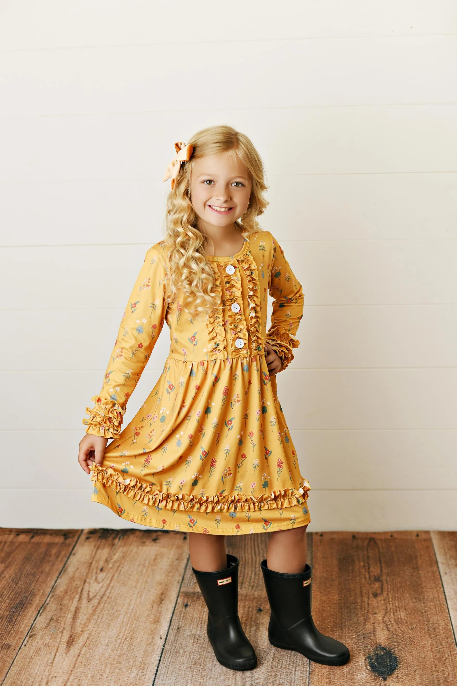 Kids Mustard Botanical Ruffle Button Dress