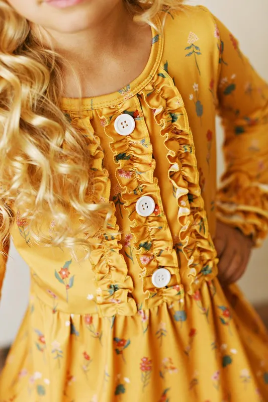 Kids Mustard Botanical Ruffle Button Dress