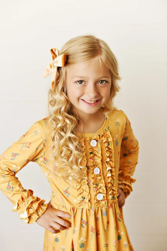 Kids Mustard Botanical Ruffle Button Dress