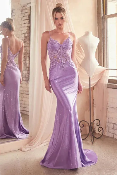 Lavender Fitted Glitter & Lace Stretch Satin Gown