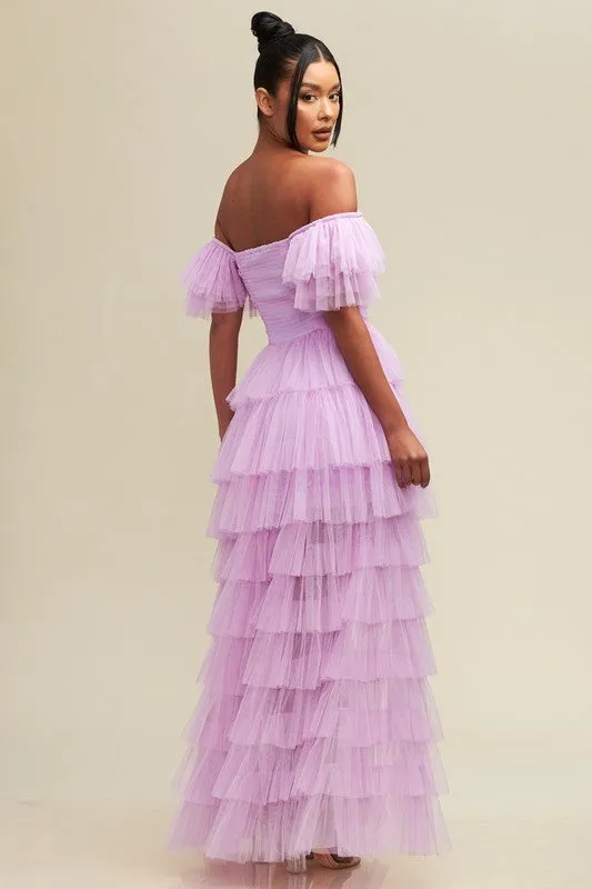 Lavender Off S Shirred Ruffle Maxi Dress