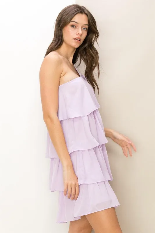 Lavender Romantic Flair One-Shoulder Ruffled Mini Dress