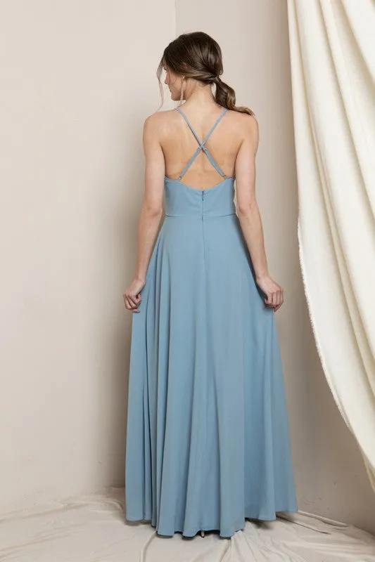 Light Blue Surplice Chiffon Maxi Dress With Slit