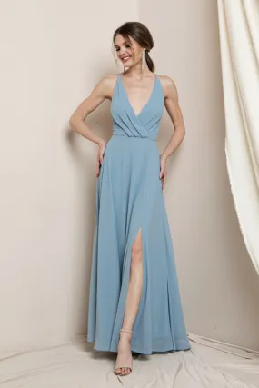 Light Blue Surplice Chiffon Maxi Dress With Slit