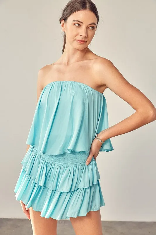 Light Blue Tube Top Ruffle Dress With Shorts