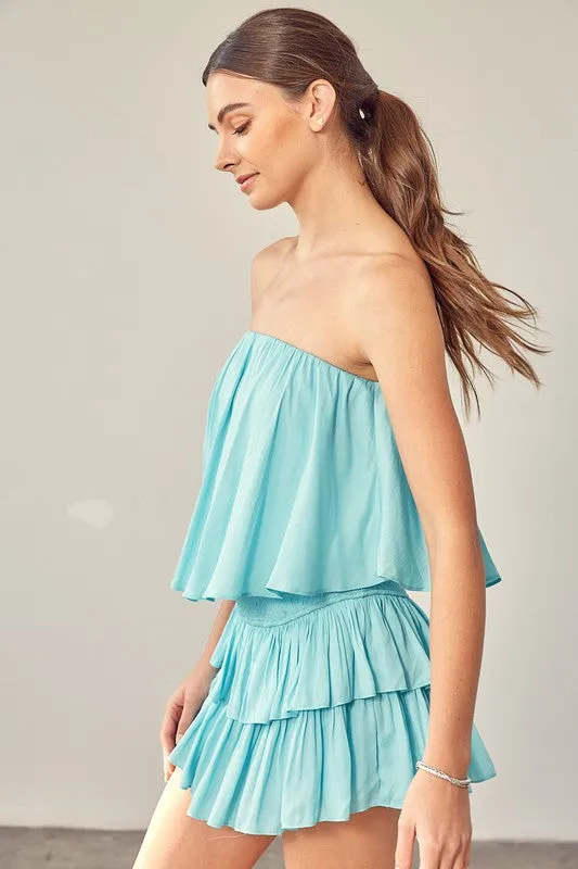 Light Blue Tube Top Ruffle Dress With Shorts