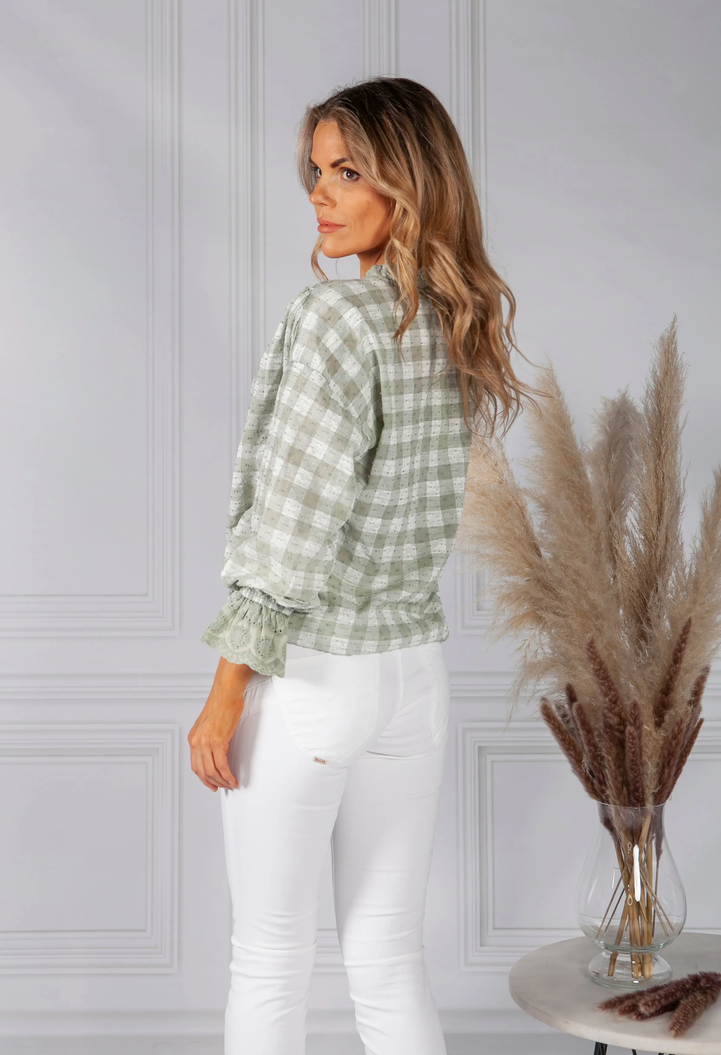 Light Green Tied Hem Gingham Blouse