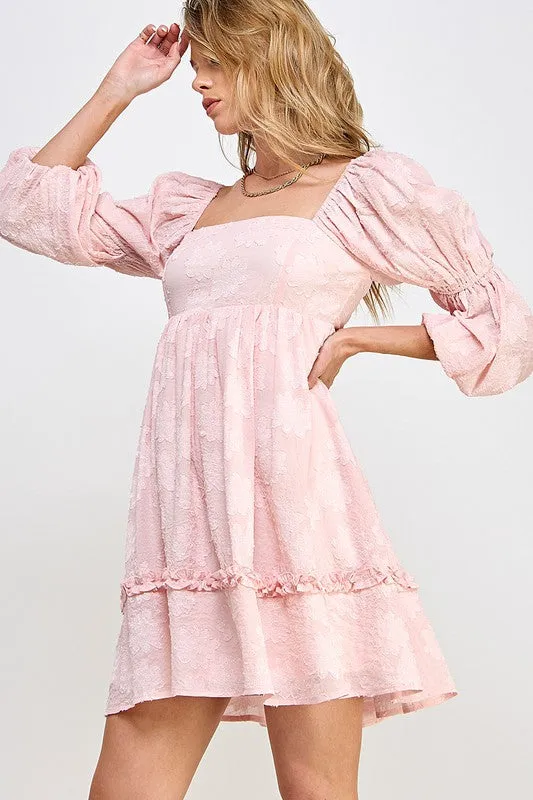 Light Pink Flower Textured Tiered Peasant Sleeve Dress