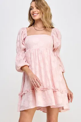 Light Pink Flower Textured Tiered Peasant Sleeve Dress