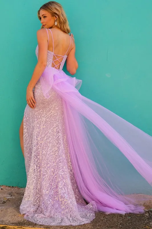 Lilac Glitter Print Dress With Mesh Waist Cape