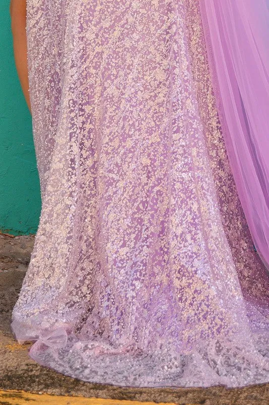 Lilac Glitter Print Dress With Mesh Waist Cape