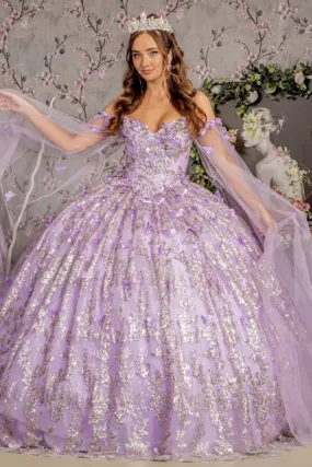 Lilac Off Shoulder Cape Sleeve Glitter Print Quinceanera