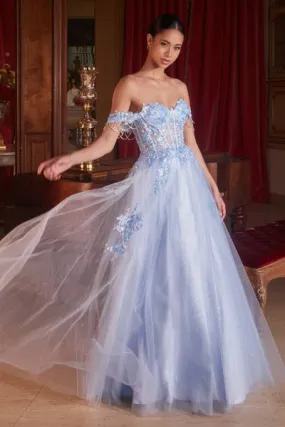 Lt Blue Off The Shoulder Tulle Ball Gown