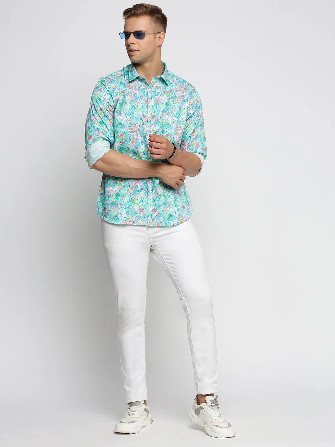 Men Turquoise Blue Spread Collar Abstract Shirt