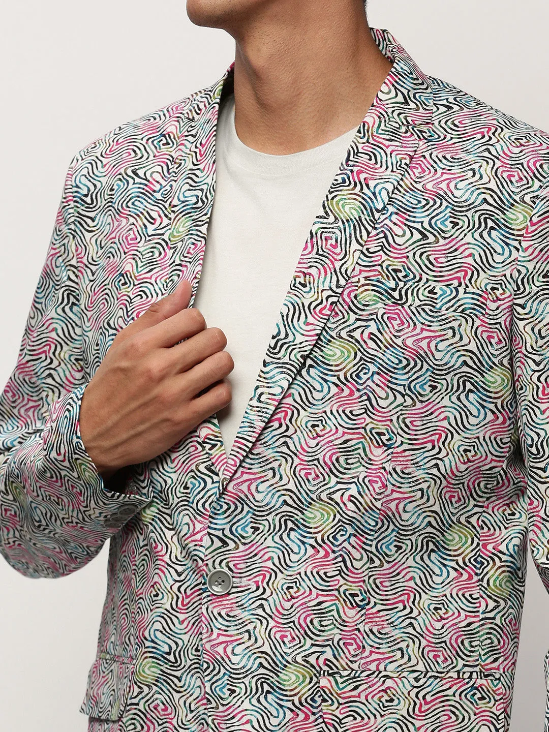 Men White Printed Casual Blazers