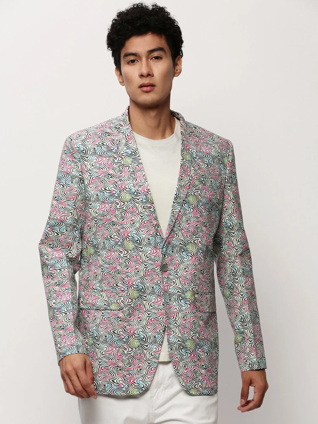 Men White Printed Casual Blazers