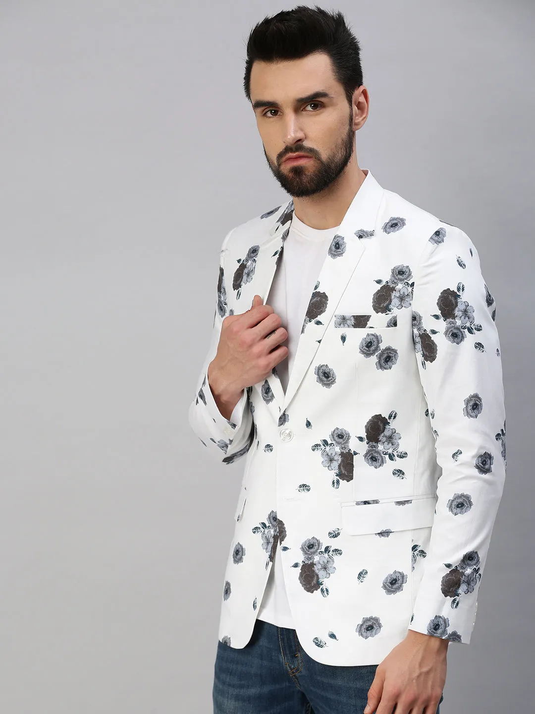 Men White Printed Party Blazers