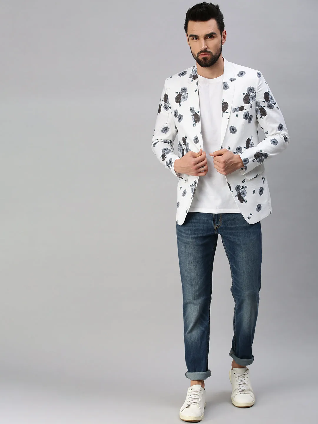 Men White Printed Party Blazers