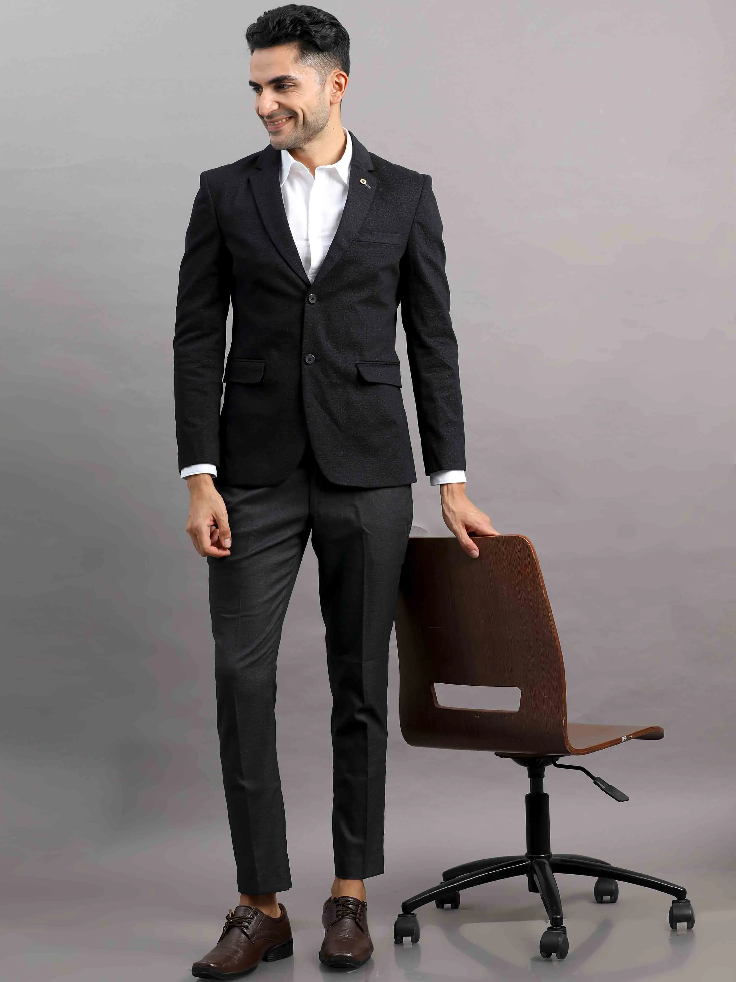 Men's Black Slim Fit Cotton Blend Full Sleeve Casual Blazer